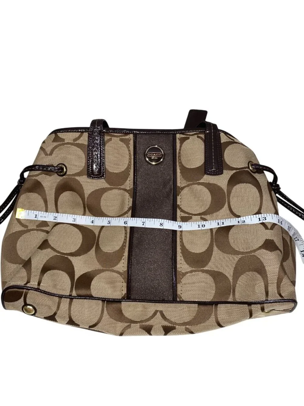 Coach Signature Canvas Tote Bag With Brown Leather Trim & Gold Hardware F21949
